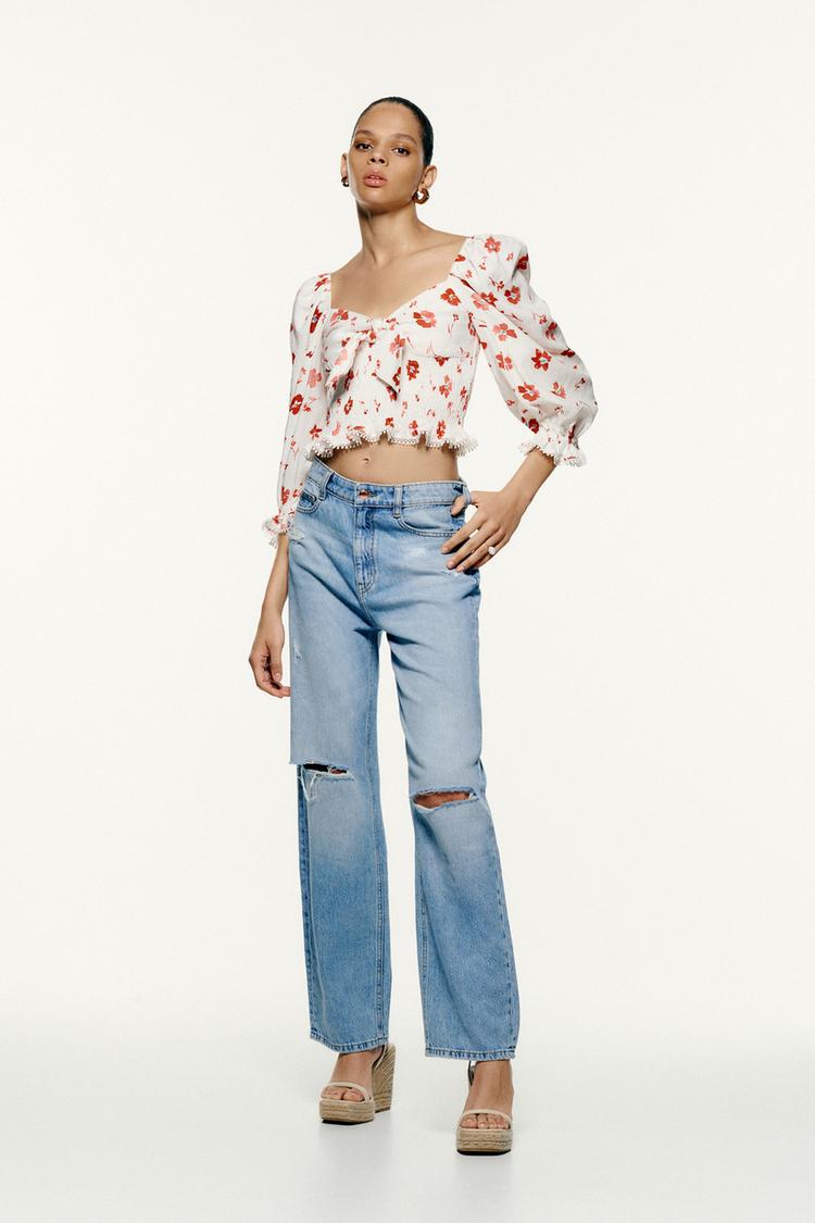 Zara Floral Print Linen store Blend Top